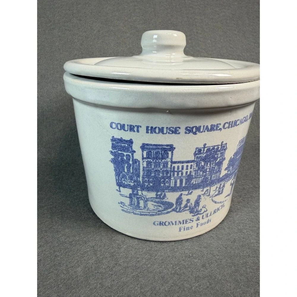 Grommes & Ullrich Fine Foods Chicago‎ 1866 Ceramic Crock with Lid Blue White
